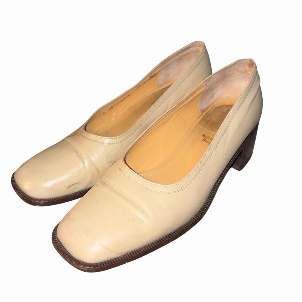 Vtg Bruno Magli Bologna Italy Cream Leather Square Toe Block Heel Sz 7.5 B